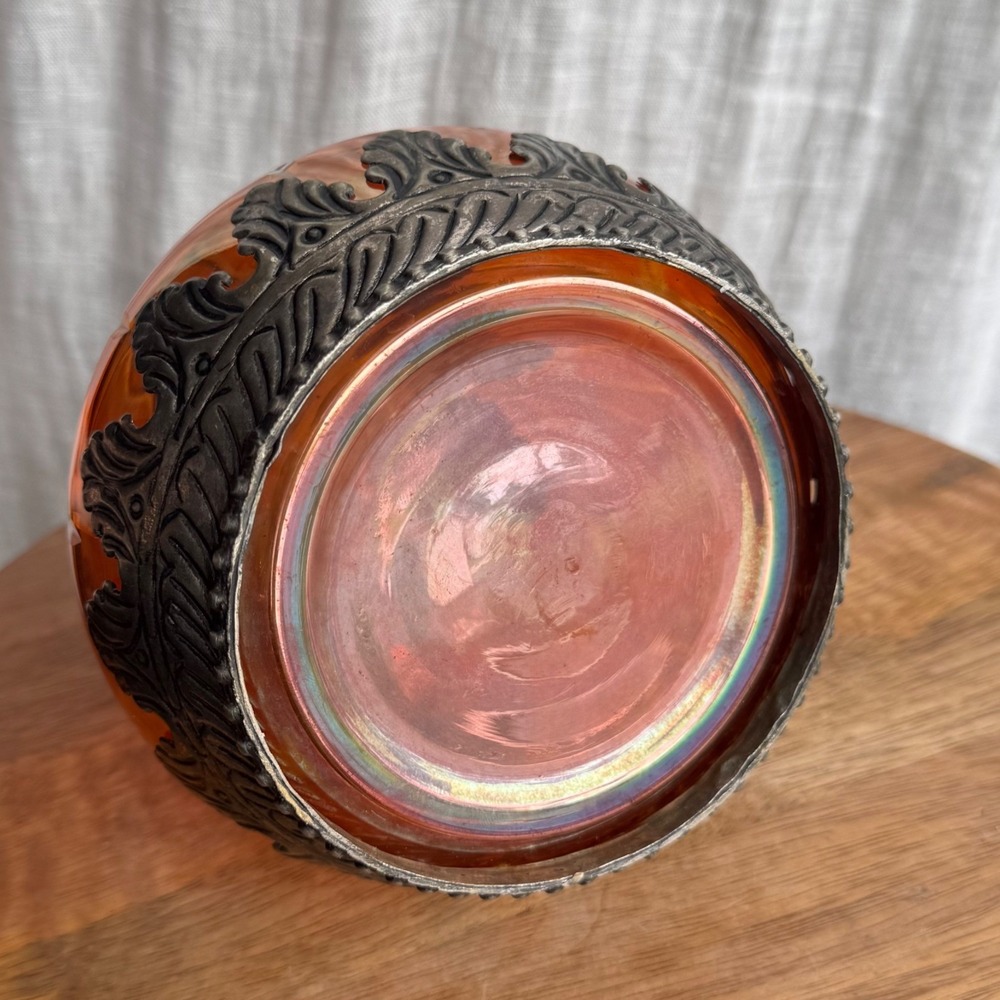 Vintage German Amber Iridescent Decanter Ornate Silver Metal Overlay 9.5" - Picture 7 of 9